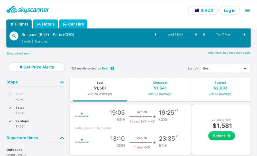 Screenshot of a skyscanner flight search.