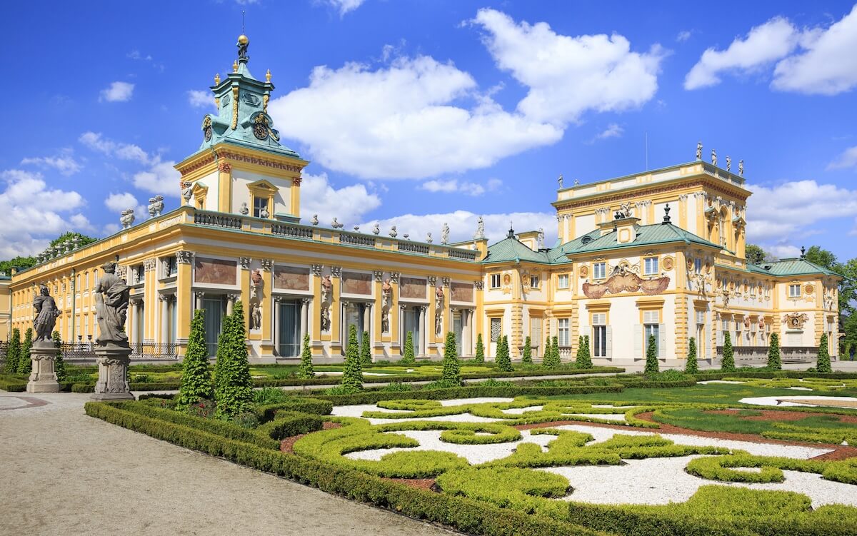 wilanow palace in warsaw in the summer months with gardens.