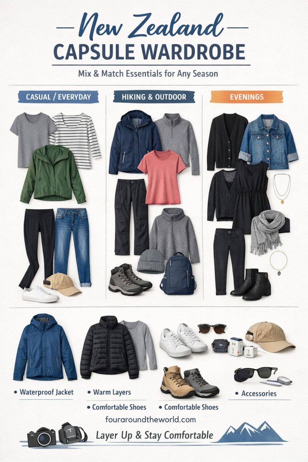 New zealand packing list capsule wardrobe for casual, outdoor and evening wear.