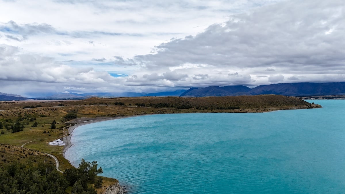 lake pukaki drone shot.