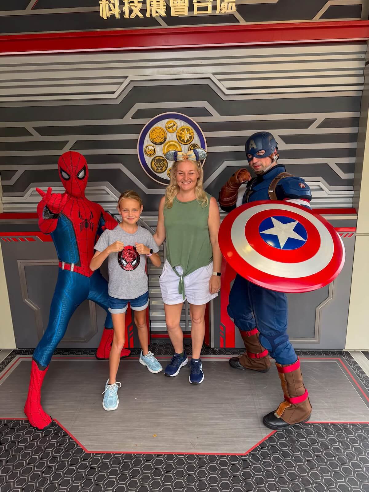 posing with captain america and spiderman at tomorrowland hong kong disneyland.